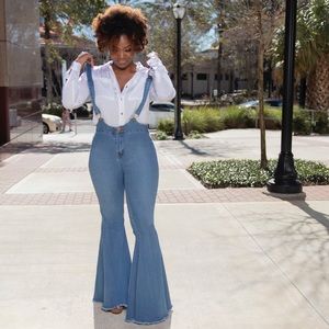 New Medium Wash Flared Jeans Overalls